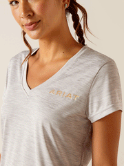 Ariat 10048740 Womens Laguna Logo Top Grey front close up. If you need any assistance with this item or the purchase of this item please call us at five six one seven four eight eight eight zero one Monday through Saturday 10:00a.m EST to 8:00 p.m EST