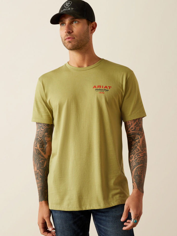 Ariat 10054836 Mens Full Circle T-Shirt Tent Green back close up. If you need any assistance with this item or the purchase of this item please call us at five six one seven four eight eight eight zero one Monday through Saturday 10:00a.m EST to 8:00 p.m EST