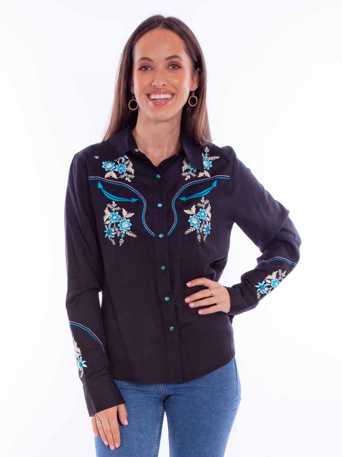 Scully HC870-BLK Womens Floral Embroidery Blouse Black front view. If you need any assistance with this item or the purchase of this item please call us at five six one seven four eight eight eight zero one Monday through Saturday 10:00a.m EST to 8:00 p.m EST