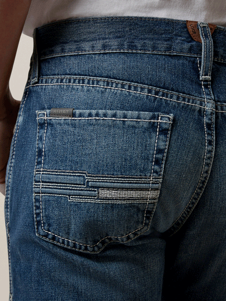 Ariat 10044378 Mens M7 Slim Griffen Straight Jean Brighton close up view of back pocket. If you need any assistance with this item or the purchase of this item please call us at five six one seven four eight eight eight zero one Monday through Saturday 10:00a.m EST to 8:00 p.m EST