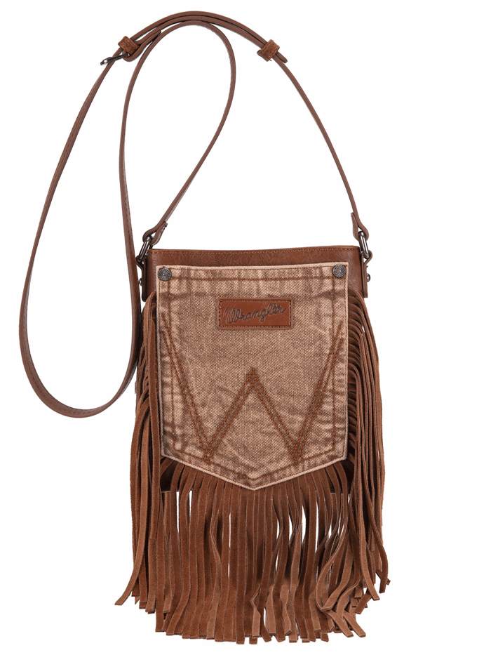 Wrangler WG44-8360LBR Womens Leather Fringe Jean Denim Pocket Crossbody Bag Brown front. If you need any assistance with this item or the purchase of this item please call us at five six one seven four eight eight eight zero one Monday through Saturday 10:00a.m EST to 8:00 p.m EST

