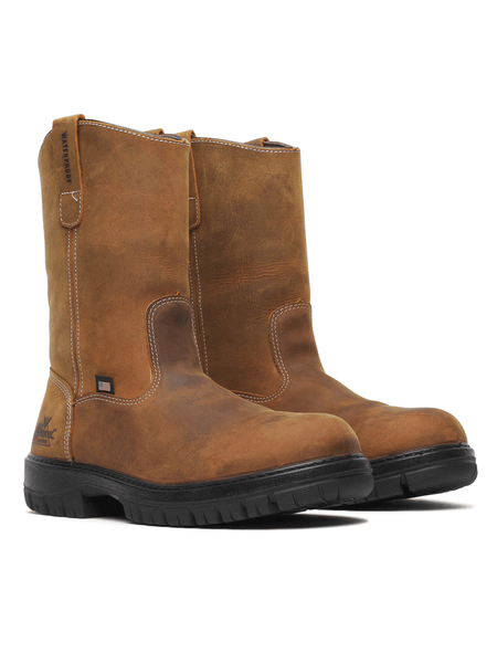 Thorogood 814-4323 Mens Pull On Waterproof Western Work Boot Chestnut front and side view of pair. If you need any assistance with this item or the purchase of this item please call us at five six one seven four eight eight eight zero one Monday through Saturday 10:00a.m EST to 8:00 p.m EST
