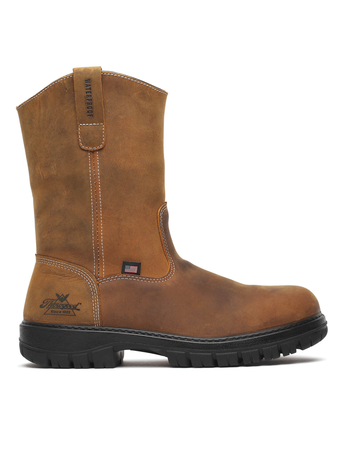 Thorogood 814-4323 Mens Pull On Waterproof Western Work Boot Chestnut front and side view of pair. If you need any assistance with this item or the purchase of this item please call us at five six one seven four eight eight eight zero one Monday through Saturday 10:00a.m EST to 8:00 p.m EST
