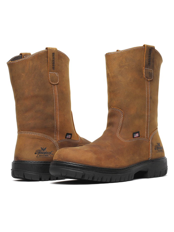 Thorogood 814-4323 Mens Pull On Waterproof Western Work Boot Chestnut front and side view of pair. If you need any assistance with this item or the purchase of this item please call us at five six one seven four eight eight eight zero one Monday through Saturday 10:00a.m EST to 8:00 p.m EST
