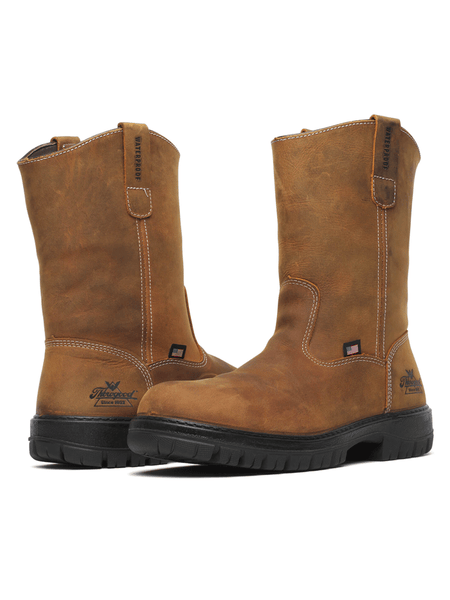 Thorogood 814-4323 Mens Pull On Waterproof Western Work Boot Chestnut front and back view. If you need any assistance with this item or the purchase of this item please call us at five six one seven four eight eight eight zero one Monday through Saturday 10:00a.m EST to 8:00 p.m EST
