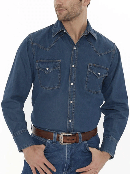 Ely Cattleman 115202950RG-75 Mens Long Sleeve Western Snap Shirt Denim front view tucked in. If you need any assistance with this item or the purchase of this item please call us at five six one seven four eight eight eight zero one Monday through Saturday 10:00a.m EST to 8:00 p.m EST