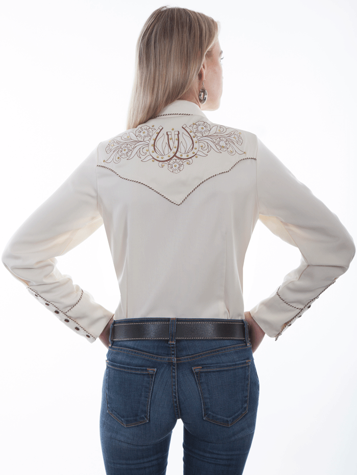 Scully PL-873-CRM Womens Horse Shoe Flow Embroidery Western Shirt Cream front view. If you need any assistance with this item or the purchase of this item please call us at five six one seven four eight eight eight zero one Monday through Saturday 10:00a.m EST to 8:00 p.m EST