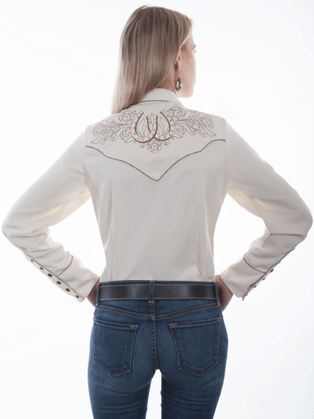 Scully PL-873-CRM Womens Horse Shoe Flow Embroidery Western Shirt Cream back view. If you need any assistance with this item or the purchase of this item please call us at five six one seven four eight eight eight zero one Monday through Saturday 10:00a.m EST to 8:00 p.m EST