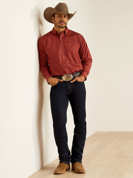 Ariat 10052372 Mens Classic Fit Long Sleeve Shirt Red front view. If you need any assistance with this item or the purchase of this item please call us at five six one seven four eight eight eight zero one Monday through Saturday 10:00a.m EST to 8:00 p.m EST