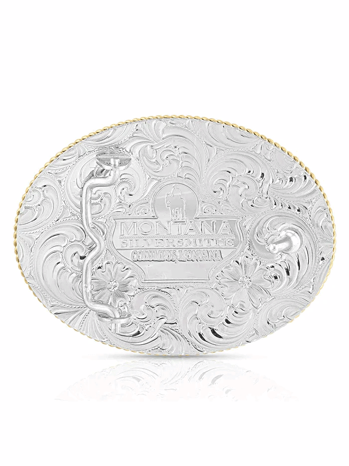 Montana Silversmiths 840F-964BL Bass Gold Trim Western Buckle Silver front view. If you need any assistance with this item or the purchase of this item please call us at five six one seven four eight eight eight zero one Monday through Saturday 10:00a.m EST to 8:00 p.m EST
