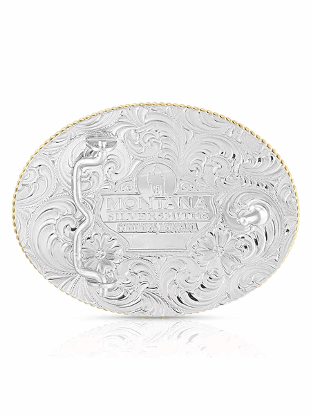 Montana Silversmiths 840F-964BL Bass Gold Trim Western Buckle Silver back view. If you need any assistance with this item or the purchase of this item please call us at five six one seven four eight eight eight zero one Monday through Saturday 10:00a.m EST to 8:00 p.m EST
