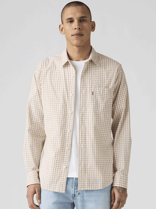 Levis 857480362 Mens Classic One Pocket Standard Fit Shirt Susannah Plaid White Pepper front view. If you need any assistance with this item or the purchase of this item please call us at five six one seven four eight eight eight zero one Monday through Saturday 10:00a.m EST to 8:00 p.m EST
