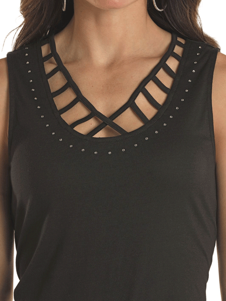 Panhandle LW20T02899 Ladies Strappy Rhinestone Tank Black close up of neck front view. If you need any assistance with this item or the purchase of this item please call us at five six one seven four eight eight eight zero one Monday through Saturday 10:00a.m EST to 8:00 p.m EST