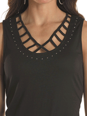 Panhandle LW20T02899 Ladies Strappy Rhinestone Tank Black close up of neck front view. If you need any assistance with this item or the purchase of this item please call us at five six one seven four eight eight eight zero one Monday through Saturday 10:00a.m EST to 8:00 p.m EST