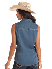 Panhandle LWN0S05794 Womens Sleeveless Denim Shirt Blue back view. If you need any assistance with this item or the purchase of this item please call us at five six one seven four eight eight eight zero one Monday through Saturday 10:00a.m EST to 8:00 p.m EST