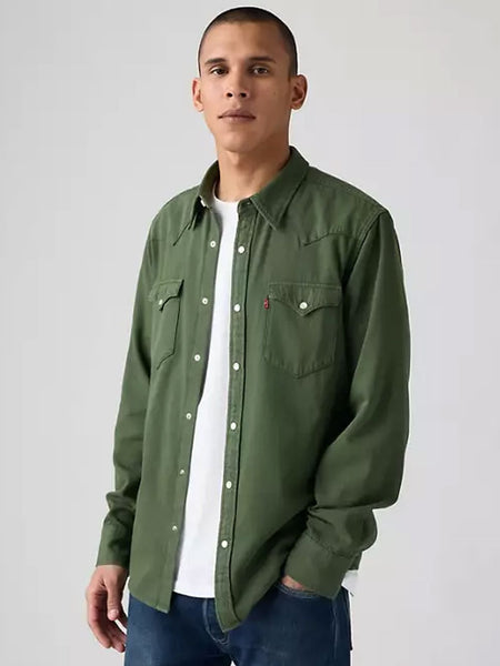 Levis 857450234 Mens Classic Denim Western Snap Shirt Green front view. If you need any assistance with this item or the purchase of this item please call us at five six one seven four eight eight eight zero one Monday through Saturday 10:00a.m EST to 8:00 p.m EST