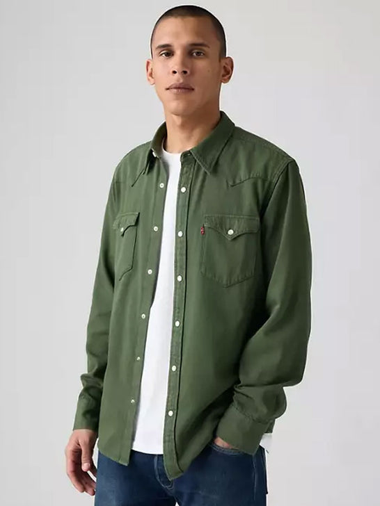 Wrangler 857450234 Mens Classic Denim Western Snap Shirt Green front view. If you need any assistance with this item or the purchase of this item please call us at five six one seven four eight eight eight zero one Monday through Saturday 10:00a.m EST to 8:00 p.m EST