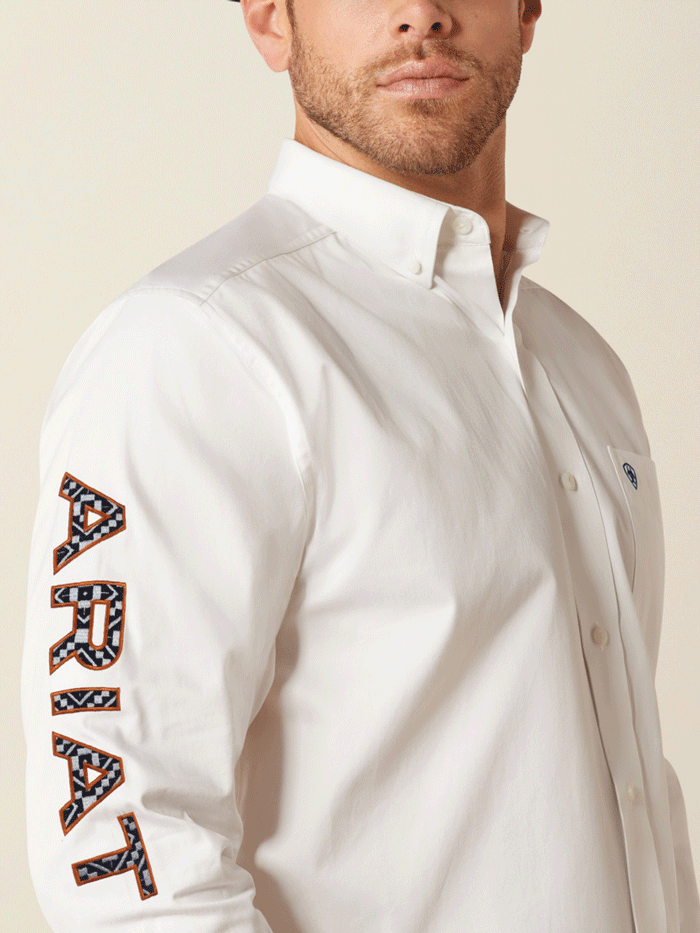Ariat 10048807 Mens Team Logo Twill Classic Fit Shirt White front and side view. If you need any assistance with this item or the purchase of this item please call us at five six one seven four eight eight eight zero one Monday through Saturday 10:00a.m EST to 8:00 p.m EST