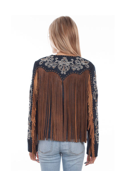 Scully L1073-193 Womens Embroidered Beaded And Studded Fringe Denim Jacket Navy back view. If you need any assistance with this item or the purchase of this item please call us at five six one seven four eight eight eight zero one Monday through Saturday 10:00a.m EST to 8:00 p.m EST