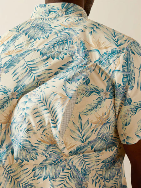 Ariat 10058855 Mens VentTEK Outbound Fitted Shirt Khaki Palm Print back lose up. If you need any assistance with this item or the purchase of this item please call us at five six one seven four eight eight eight zero one Monday through Saturday 10:00a.m EST to 8:00 p.m EST