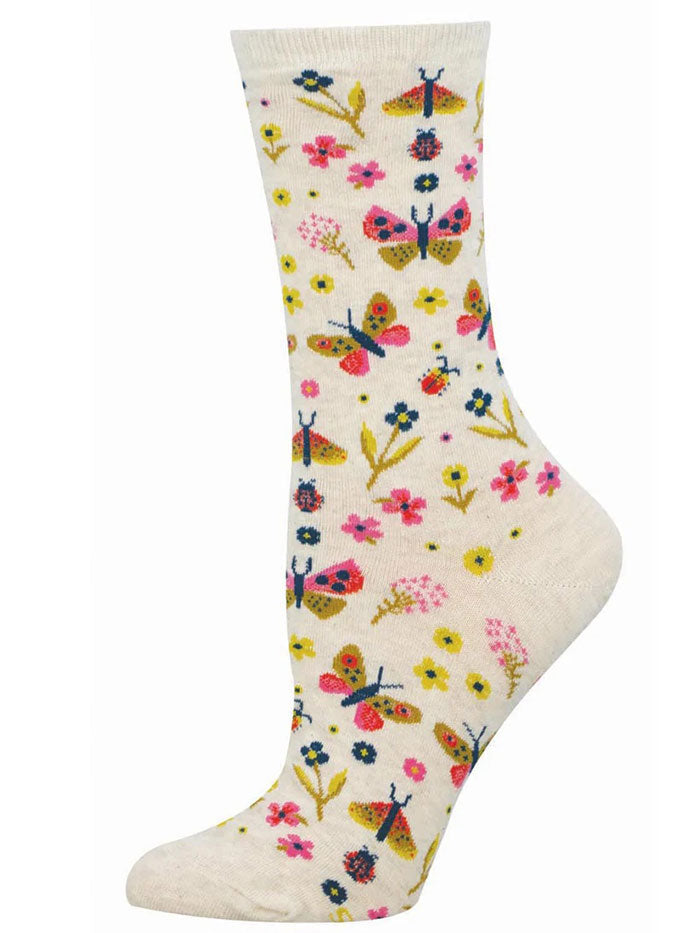 Socksmith WNC3808-HIV Womens Butterfly Floral Socks Ivory Heather side view. If you need any assistance with this item or the purchase of this item please call us at five six one seven four eight eight eight zero one Monday through Saturday 10:00a.m EST to 8:00 p.m EST