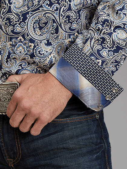 Stetson 11-001-0425-2051 Mens Paisley Print Western Shirt Blue contrast cuff view.If you need any assistance with this item or the purchase of this item please call us at five six one seven four eight eight eight zero one Monday through Saturday 10:00a.m EST to 8:00 p.m EST