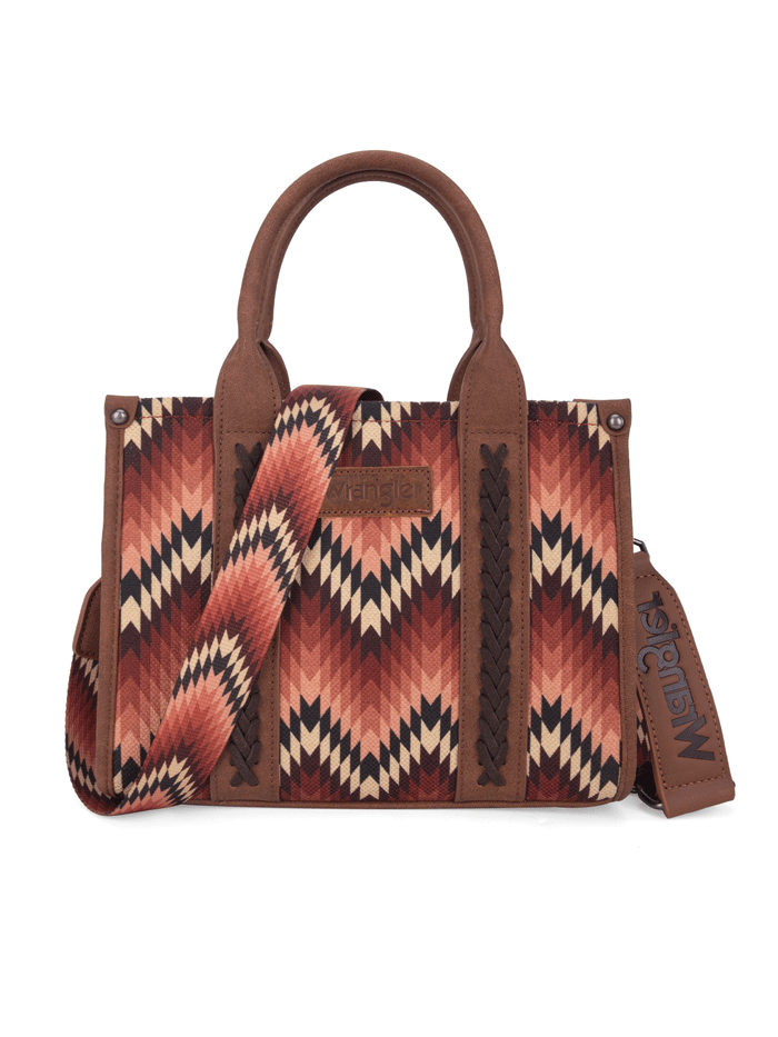 Wrangler WG2211-8120SBR Womens Southwestern Pattern Dual Sided Print Tote Crossbody Bag Brown front and side view. If you need any assistance with this item or the purchase of this item please call us at five six one seven four eight eight eight zero one Monday through Saturday 10:00a.m EST to 8:00 p.m EST