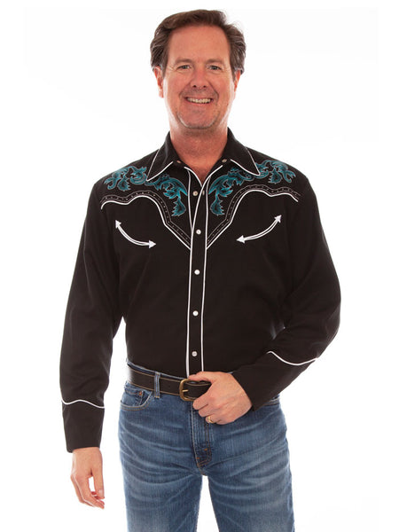 Scully P-903-BLK Mens Embroidered Western Shirt Black front view. If you need any assistance with this item or the purchase of this item please call us at five six one seven four eight eight eight zero one Monday through Saturday 10:00a.m EST to 8:00 p.m EST