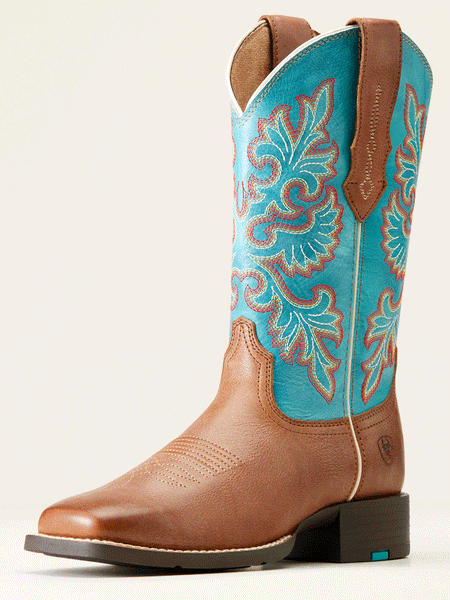 Ariat 10047038 Womens Round Up Wide Square Toe StretchFit Western Boot Buff Blonde front and side view. If you need any assistance with this item or the purchase of this item please call us at five six one seven four eight eight eight zero one Monday through Saturday 10:00a.m EST to 8:00 p.m EST