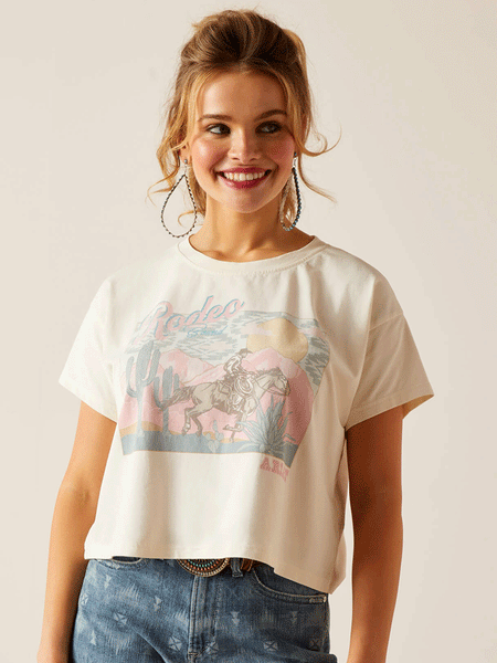Ariat 10048639 Womens Rodeo Bound T-Shirt Pristine Cream front view. If you need any assistance with this item or the purchase of this item please call us at five six one seven four eight eight eight zero one Monday through Saturday 10:00a.m EST to 8:00 p.m EST