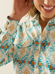Ariat 10060382 Womens Everyday Western Snap Shirt Cayo Print Turquoise front close up. If you need any assistance with this item or the purchase of this item please call us at five six one seven four eight eight eight zero one Monday through Saturday 10:00a.m EST to 8:00 p.m EST