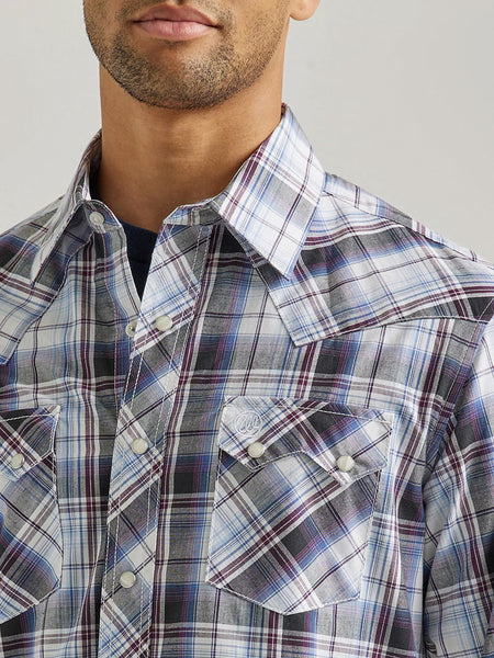 Wrangler 112337455 Mens Retro Long Sleeve Shirt Multi Blue Plaid front close up. If you need any assistance with this item or the purchase of this item please call us at five six one seven four eight eight eight zero one Monday through Saturday 10:00a.m EST to 8:00 p.m EST