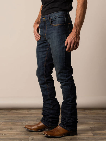 Kimes Ranch ROGER Mens Boot Cut Jeans Navy Blue side / front view. If you need any assistance with this item or the purchase of this item please call us at five six one seven four eight eight eight zero one Monday through Saturday 10:00a.m EST to 8:00 p.m EST