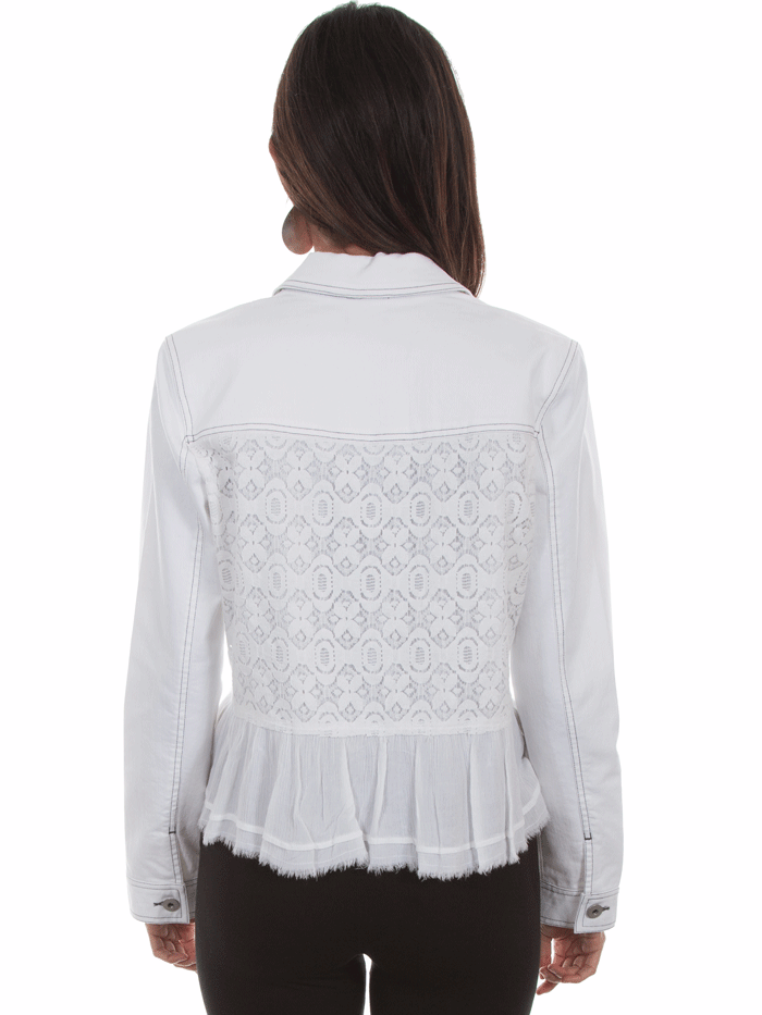 Scully HC465-WHT Womens Lace Inset Jean Jacket White front view. If you need any assistance with this item or the purchase of this item please call us at five six one seven four eight eight eight zero one Monday through Saturday 10:00a.m EST to 8:00 p.m EST