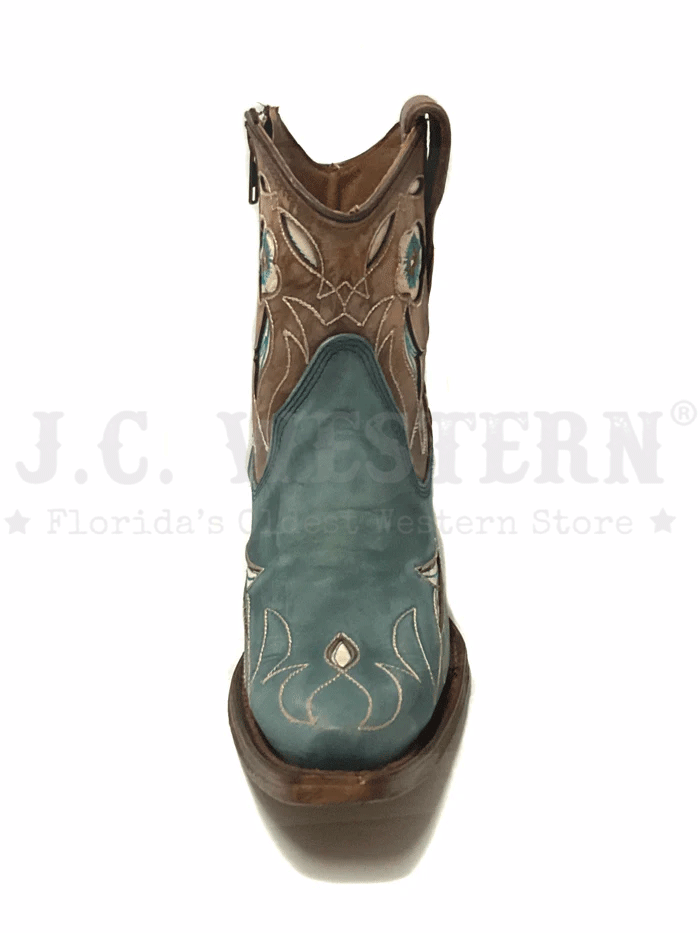 Circle G L5940 Ladies Inlay And Floral Embroidery Ankle Boot Shedron And Light Blue front and side view. If you need any assistance with this item or the purchase of this item please call us at five six one seven four eight eight eight zero one Monday through Saturday 10:00a.m EST to 8:00 p.m EST