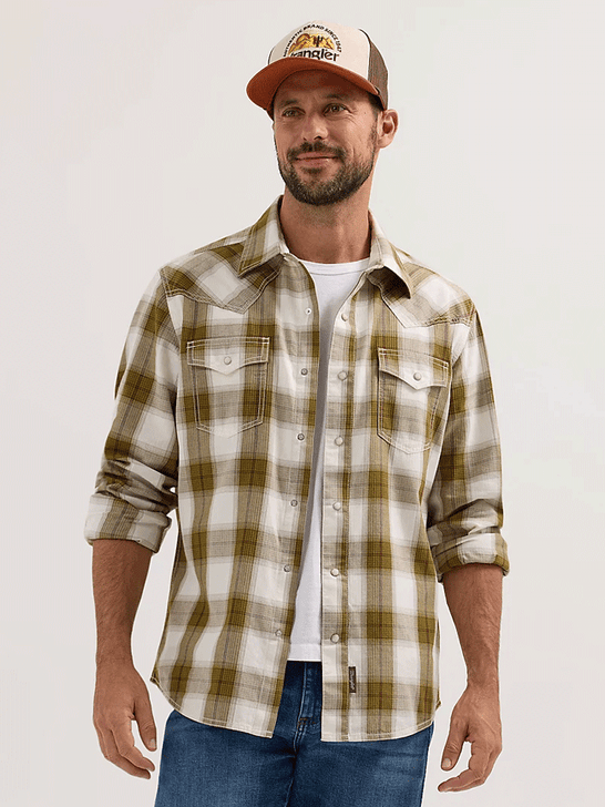 Wrangler 112365631 Mens Retro Premium Long Sleeve Plaid Shirt Olive front view. If you need any assistance with this item or the purchase of this item please call us at five six one seven four eight eight eight zero one Monday through Saturday 10:00a.m EST to 8:00 p.m EST