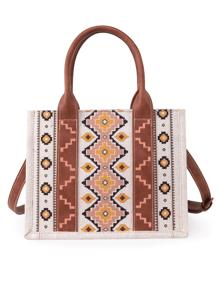 Wrangler WG2202-8120SCF Womens Southwestern Print Small Canvas Crossbody Tote Coffee Tan front view. If you need any assistance with this item or the purchase of this item please call us at five six one seven four eight eight eight zero one Monday through Saturday 10:00a.m EST to 8:00 p.m EST