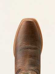 Ariat 10051033 Mens Ringer Cowboy Boot Toffee Crunch Dark Brown toe view from above. If you need any assistance with this item or the purchase of this item please call us at five six one seven four eight eight eight zero one Monday through Saturday 10:00a.m EST to 8:00 p.m EST