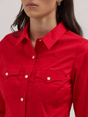 Wrangler 112358017 Womens Western Button Down Shirt Red close up. If you need any assistance with this item or the purchase of this item please call us at five six one seven four eight eight eight zero one Monday through Saturday 10:00a.m EST to 8:00 p.m EST