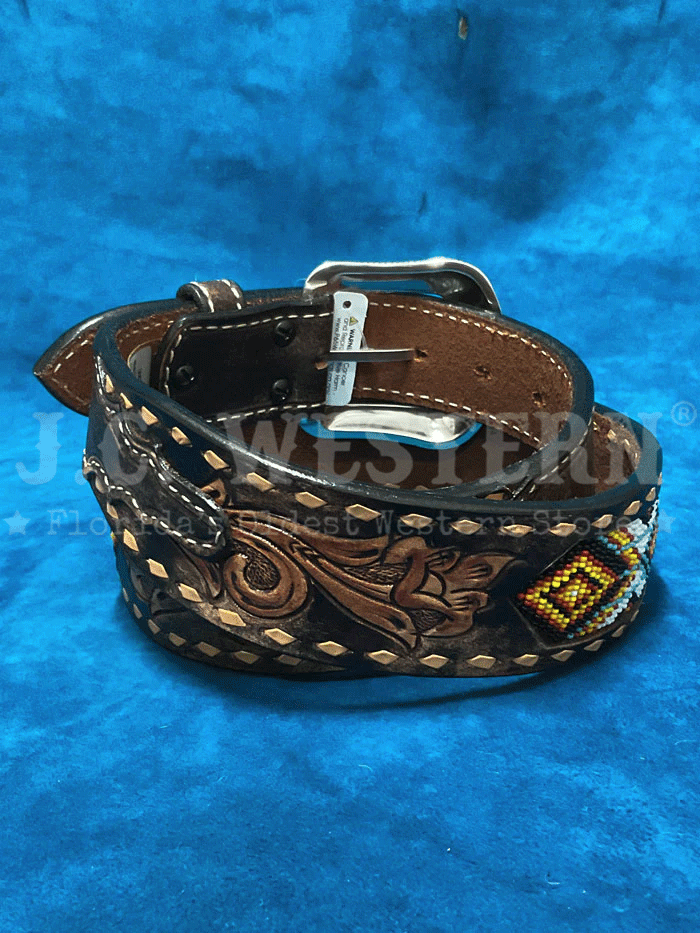 3D D100013402 Mens Buck Lacing Beaded Inlay Belt Brown front view. If you need any assistance with this item or the purchase of this item please call us at five six one seven four eight eight eight zero one Monday through Saturday 10:00a.m EST to 8:00 p.m EST