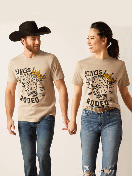 Ariat 10047841 Unisex Sendero King Cow T-Shirt Oatmeal Heather front view on male and female models. If you need any assistance with this item or the purchase of this item please call us at five six one seven four eight eight eight zero one Monday through Saturday 10:00a.m EST to 8:00 p.m EST