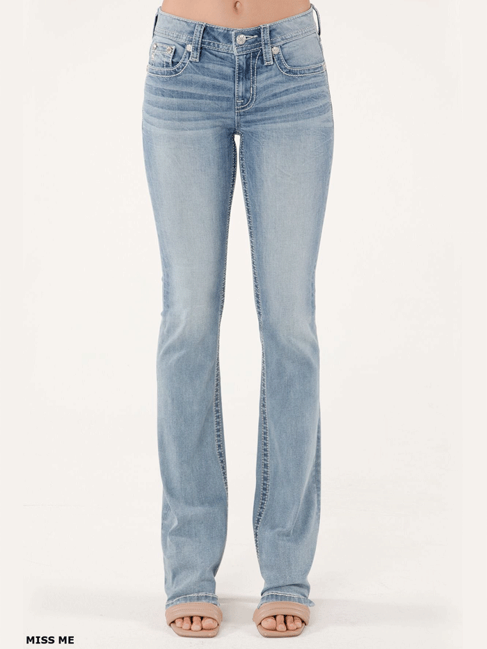 Miss Me M5082B192L Womens Mid Rise Bootcut Jeans Light Wash back close up. If you need any assistance with this item or the purchase of this item please call us at five six one seven four eight eight eight zero one Monday through Saturday 10:00a.m EST to 8:00 p.m EST

