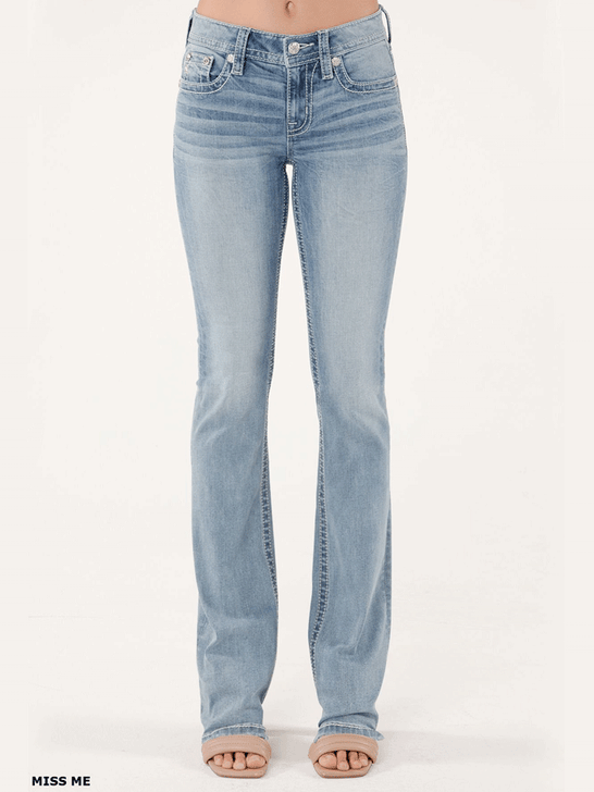 Miss Me M5082B192L Womens Mid Rise Bootcut Jeans Light Wash front view. If you need any assistance with this item or the purchase of this item please call us at five six one seven four eight eight eight zero one Monday through Saturday 10:00a.m EST to 8:00 p.m EST

