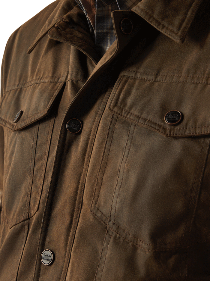 Ariat 10052962 Mens Relentless Longview Waxed Cotton Jacket Dark Brown front. If you need any assistance with this item or the purchase of this item please call us at five six one seven four eight eight eight zero one Monday through Saturday 10:00a.m EST to 8:00 p.m EST
