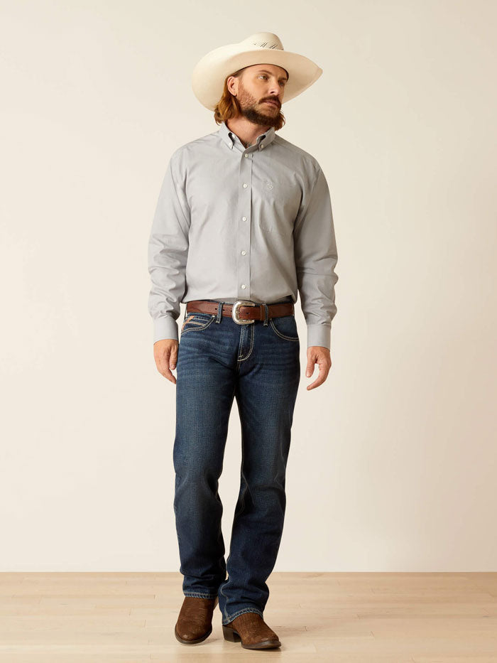 Ariat 10048867 Mens Wrinkle Free Solid Pinpoint Oxford Shirt Harbor Mist alternative front view. If you need any assistance with this item or the purchase of this item please call us at five six one seven four eight eight eight zero one Monday through Saturday 10:00a.m EST to 8:00 p.m EST