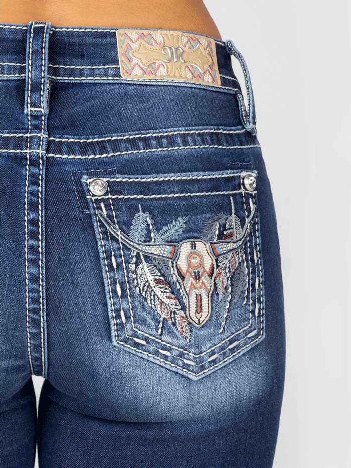 Miss Me M9201B Womens Longhorn Mid Rise Boot Jean Dark Blue back view. If you need any assistance with this item or the purchase of this item please call us at five six one seven four eight eight eight zero one Monday through Saturday 10:00a.m EST to 8:00 p.m EST