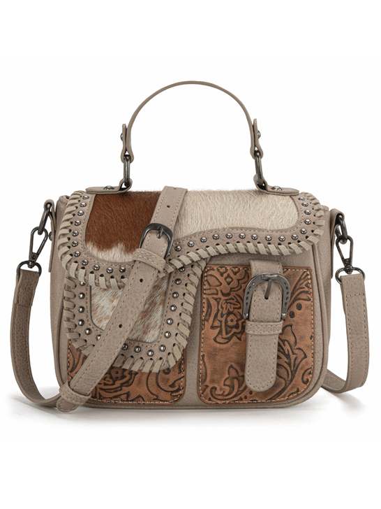 Trinity Ranch TR149-8360TN Womens Hair-On Cowhide Saddle Shape Crossbody Satchel Tan front. If you need any assistance with this item or the purchase of this item please call us at five six one seven four eight eight eight zero one Monday through Saturday 10:00a.m EST to 8:00 p.m EST