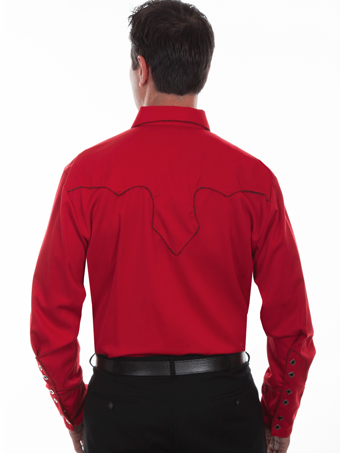 Scully P-726-CRI Mens Solid Western Shirt Crimson Red front view. If you need any assistance with this item or the purchase of this item please call us at five six one seven four eight eight eight zero one Monday through Saturday 10:00a.m EST to 8:00 p.m EST