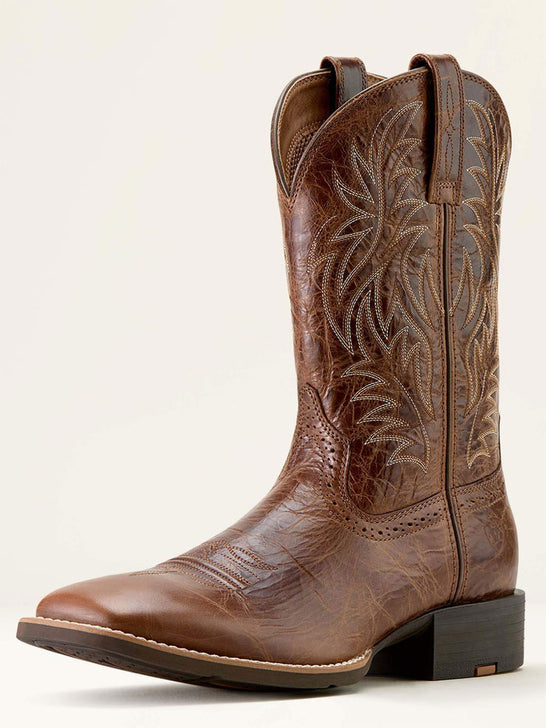 Ariat 10063836 Mens Sport Wide Square Toe Western Boot Dark Tan side / front view. If you need any assistance with this item or the purchase of this item please call us at five six one seven four eight eight eight zero one Monday through Saturday 10:00a.m EST to 8:00 p.m EST