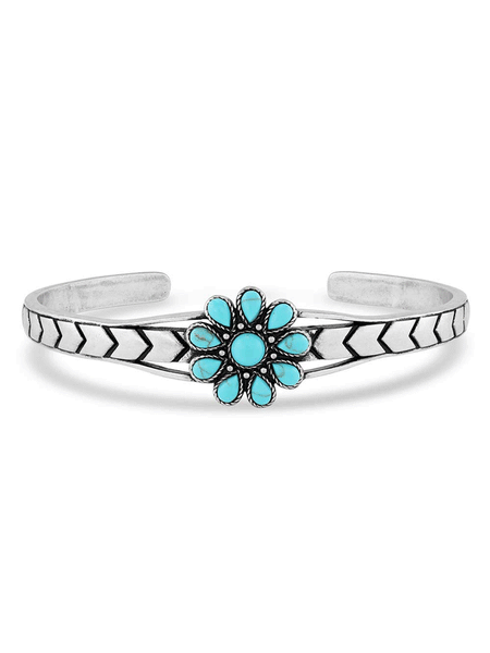 Montana Silversmiths BC5380 Womens Blue Sunflower Turquoise Cuff Bracelet Silver front. If you need any assistance with this item or the purchase of this item please call us at five six one seven four eight eight eight zero one Monday through Saturday 10:00a.m EST to 8:00 p.m EST